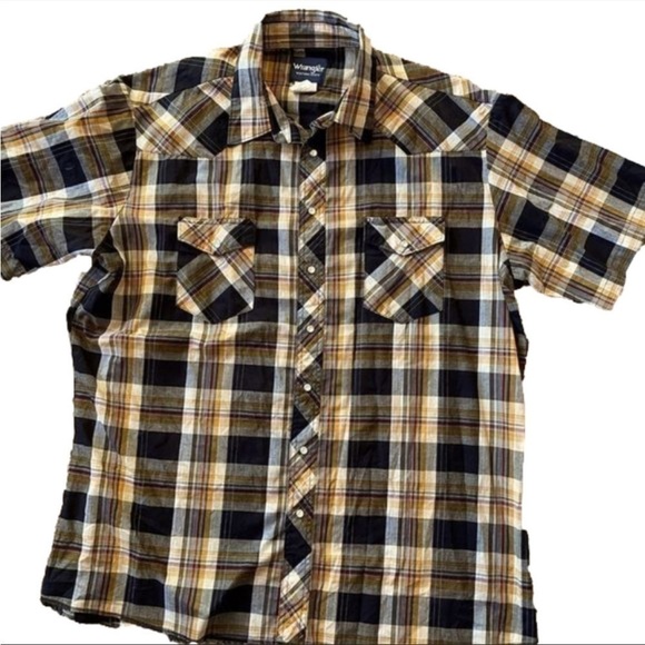 Wrangler Mens 2XLT Western Style Black and Yellow Plaid Short Sleeve Shirt - Picture 1 of 5